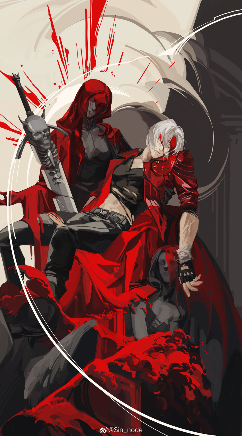 1boy, absurdres, black_gloves, blood, blood_on_face, coat, dante_(devil_may_cry), devil_may_cry_(series)