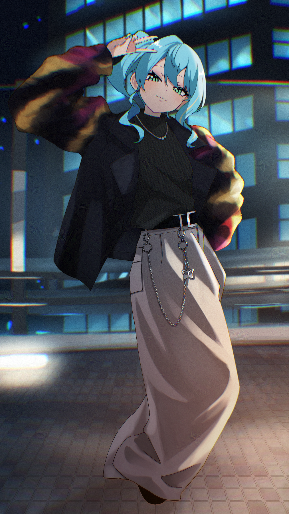 1girl, aqua_nails, belt, bibideba_(hololive), black_belt, black_jacket, black_sweater, building