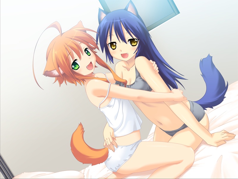 2girls, :d, ahoge, animal_ears, bed, black_bra, black_panties, blue_hair