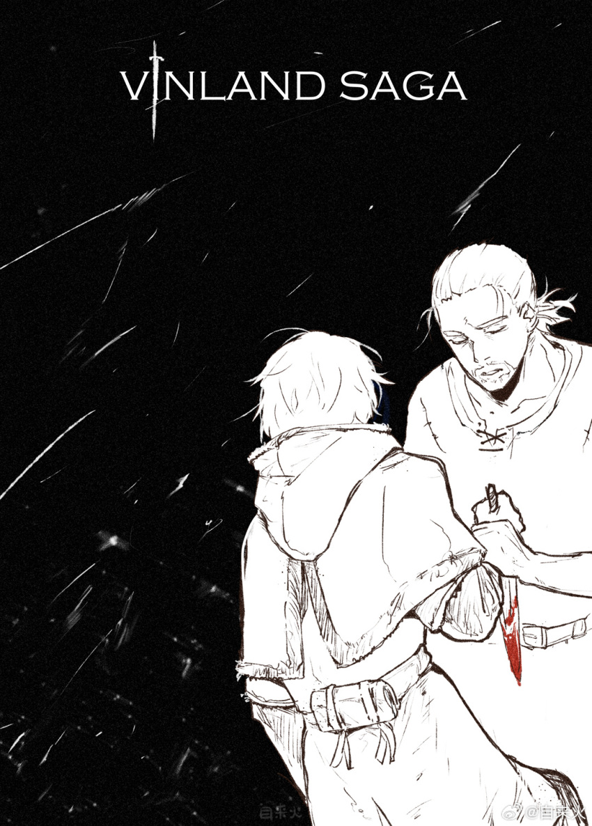 2boys, age_comparison, black_background, blood, blood_on_weapon, closed_eyes, comforting, copyright_name, dagger, facial_hair, from_behind, goatee, greyscale, highres, knife, male_focus, monochrome, multiple_boys, short_hair, snowing, symbolism, thorfinn, time_paradox, tunic, viking, vinland_saga, weapon, zilaihuoye