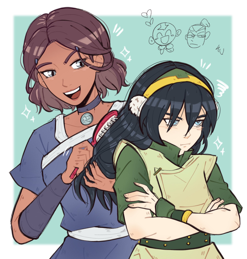 2girls, :d, aang, alternate_hair_length, alternate_hairstyle, avatar:_the_last_airbender, avatar_legends, belt