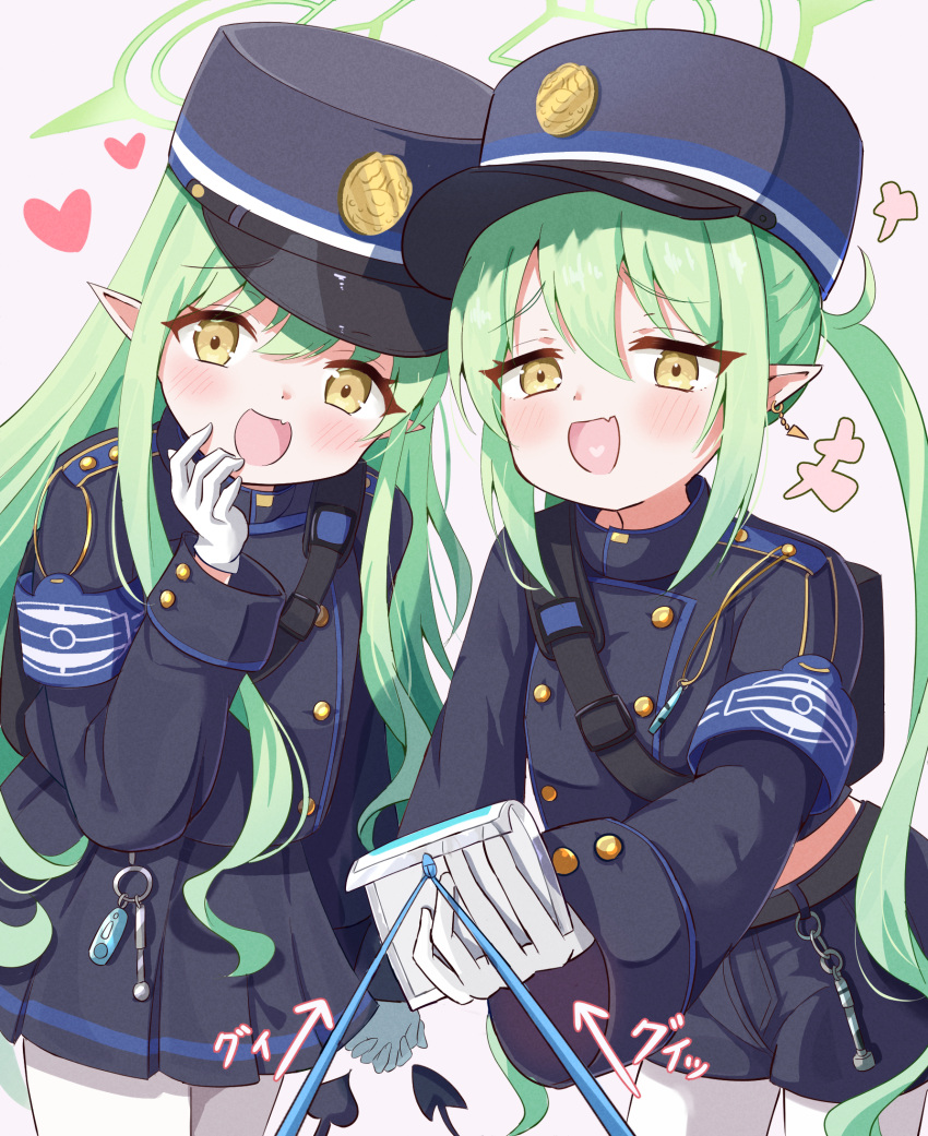 2girls, belt, black_belt, black_hat, black_jacket, black_shorts, black_skirt, black_tail