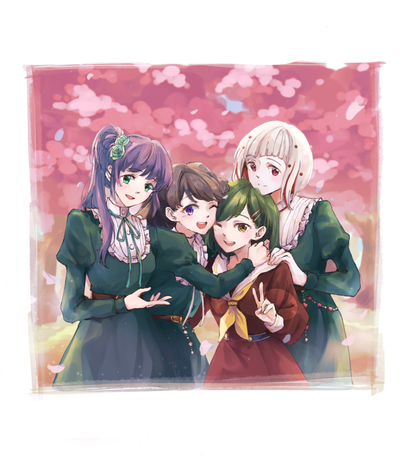 4girls, :d, ;d, arm_around_neck, belt, blurry, blurry_background, border