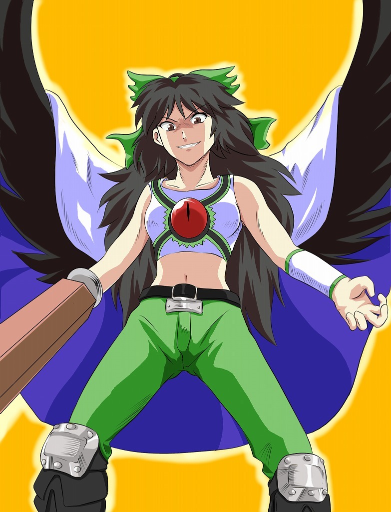 asuwado, belt, black_hair, bow, cape, cosplay, evil_grin, evil_smile