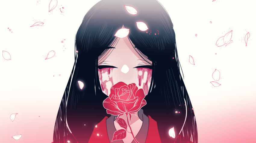 1other, black_hair, black_shirt, blood, blood_from_eyes, closed_eyes, coat, collared_shirt