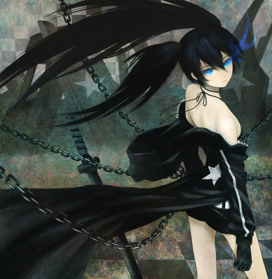 belt, bikini_top, black_hair, black_rock_shooter, black_rock_shooter_(character), blue_eyes, chain, checkered