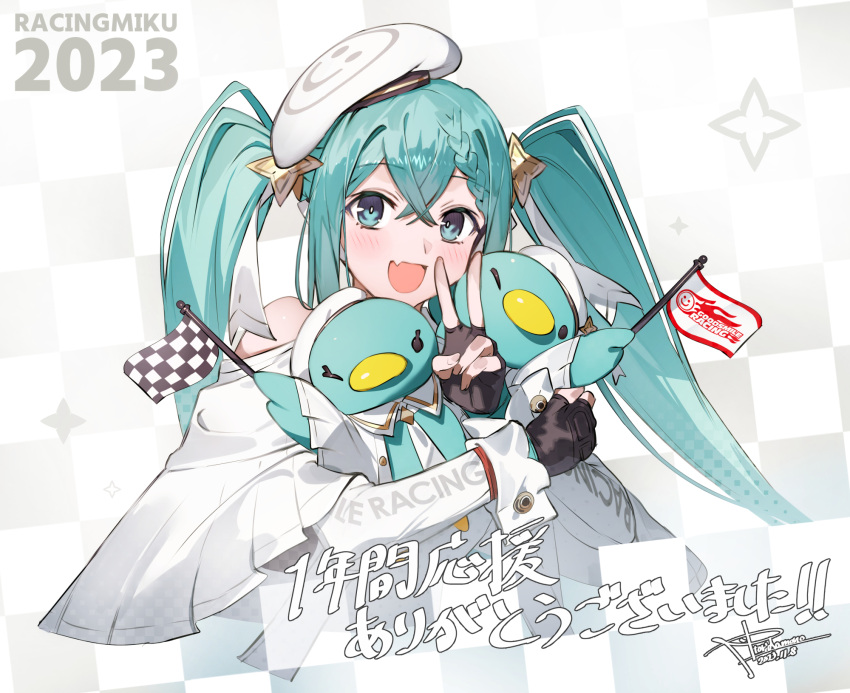 1girl, beret, checkered_flag, commentary_request, fang, fingerless_gloves, flag, gloves