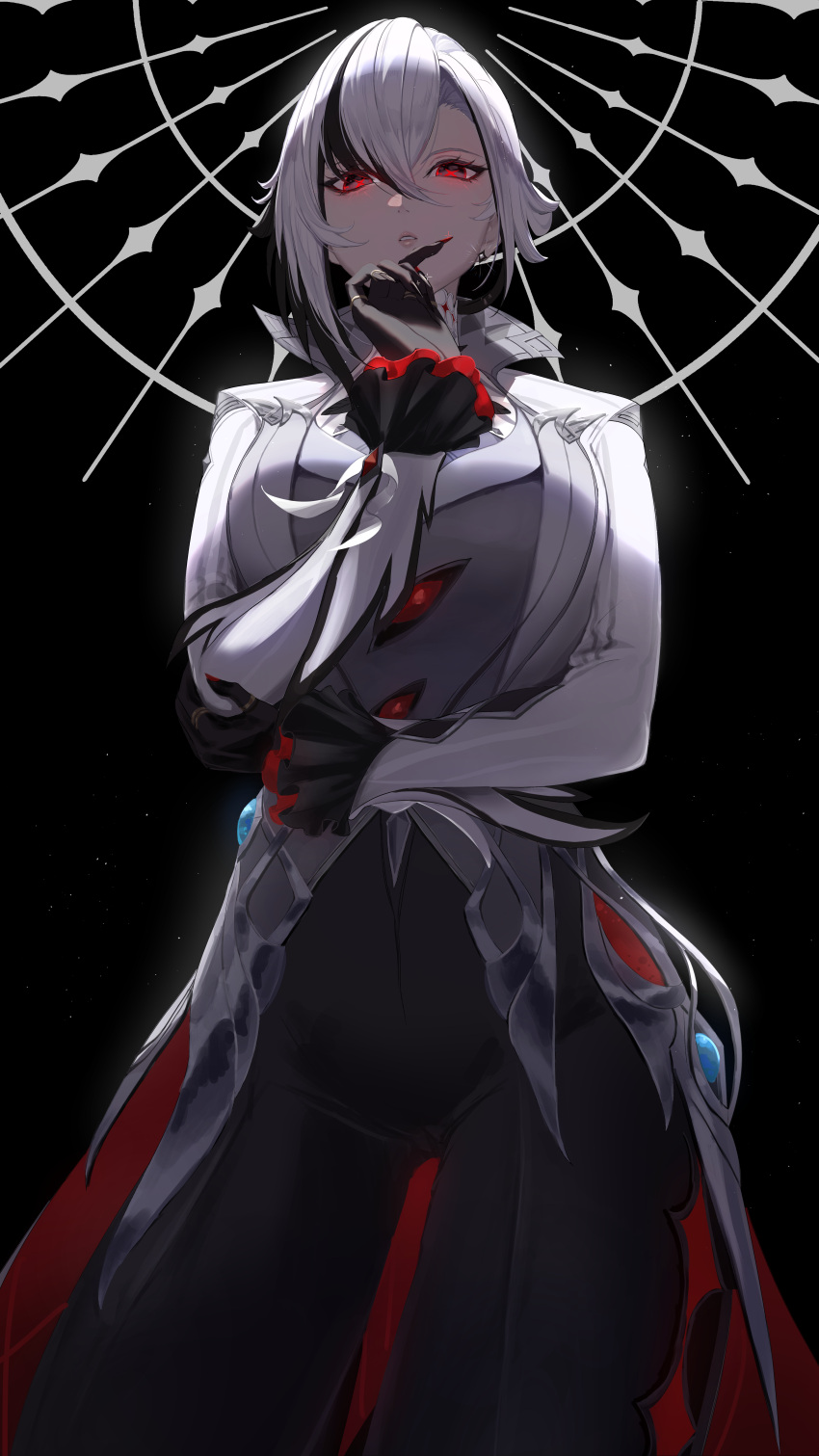 1girl, absurdres, arlecchino_(genshin_impact), black_hair, black_pants, coat, cowboy_shot, genshin_impact