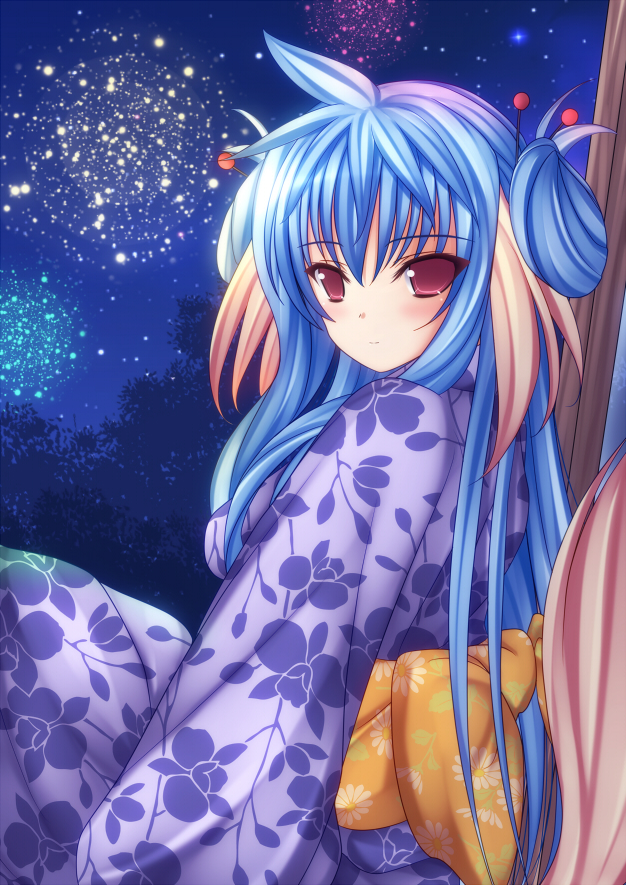 animal_ears, blush, fireworks, hair_ornament, japanese_clothes, kimono, long_hair, mikan_(5555)