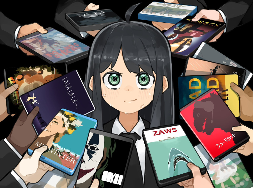 1girl, @_@, ahoge, batman_(series), black_background, black_hair, black_necktie, black_suit