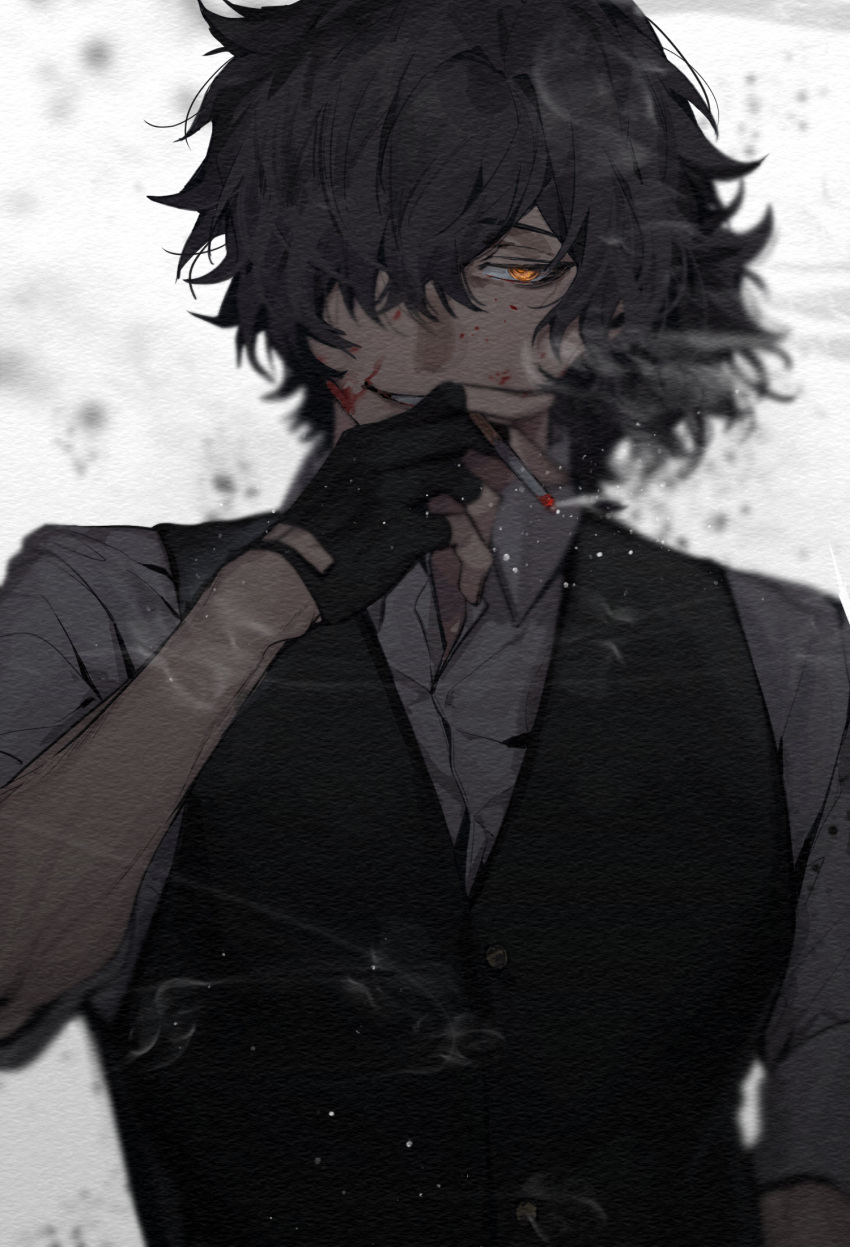 1boy, black_gloves, black_hair, black_vest, blood, blood_on_clothes, blood_on_face, cigarette