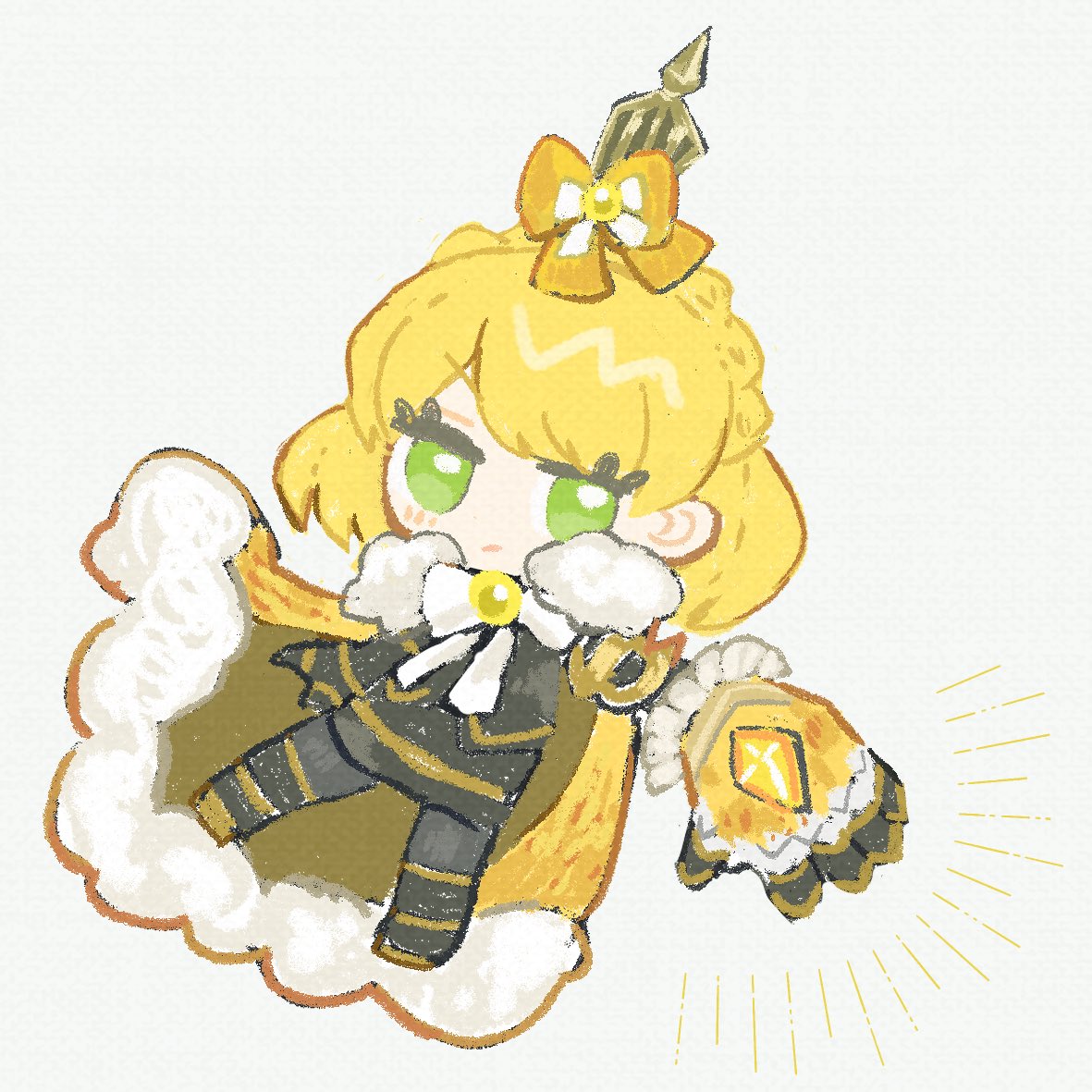 1girl, black_footwear, black_pantyhose, black_skirt, black_vest, blonde_hair, boots, bow, bowtie, braid, cape, crown, crown_braid, e.g.o_(project_moon), full_body, fur-trimmed_cape, fur_trim, hair_bow, king_of_greed, library_of_ruina, long_sleeves, looking_at_viewer, medium_hair, noconoko, orange_bow, pantyhose, project_moon, skirt, solo, tiphereth_a_(project_moon), vest, white_bow, white_bowtie, yellow_cape