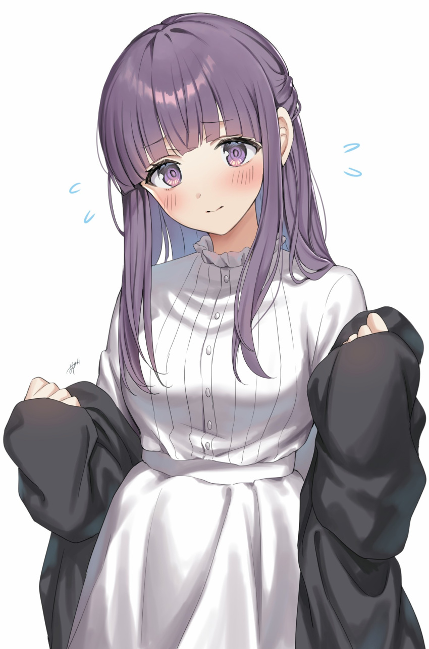 1girl, black_robe, blunt_bangs, blush, collar, dress, fern_(sousou_no_frieren), frilled_collar