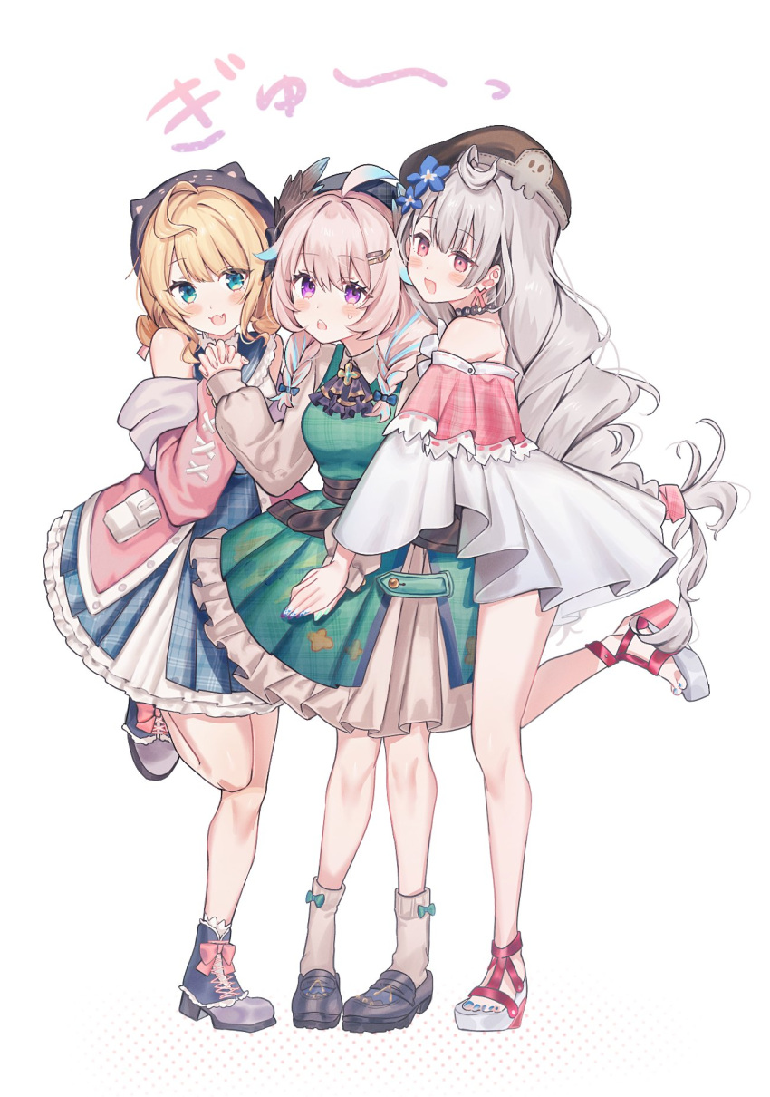 3girls, ahoge, animal_hat, aqua_eyes, aqua_nails, bare_shoulders, beret, blonde_hair