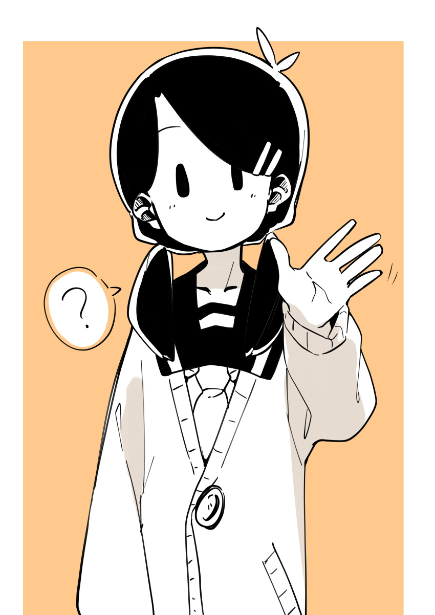 1girl, ?, absurdres, antenna_hair, arm_at_side, border, cardigan, closed_mouth, collarbone, greyscale_with_colored_background, hair_ornament, hair_over_shoulder, hairclip, hand_up, highres, light_blush, long_hair, long_sleeves, looking_at_viewer, low_twintails, matarou0625, mob_face, necktie, orange_background, original, sailor_collar, school_uniform, serafuku, simple_background, smile, solid_oval_eyes, solo, spoken_question_mark, swept_bangs, twintails, upper_body, waving