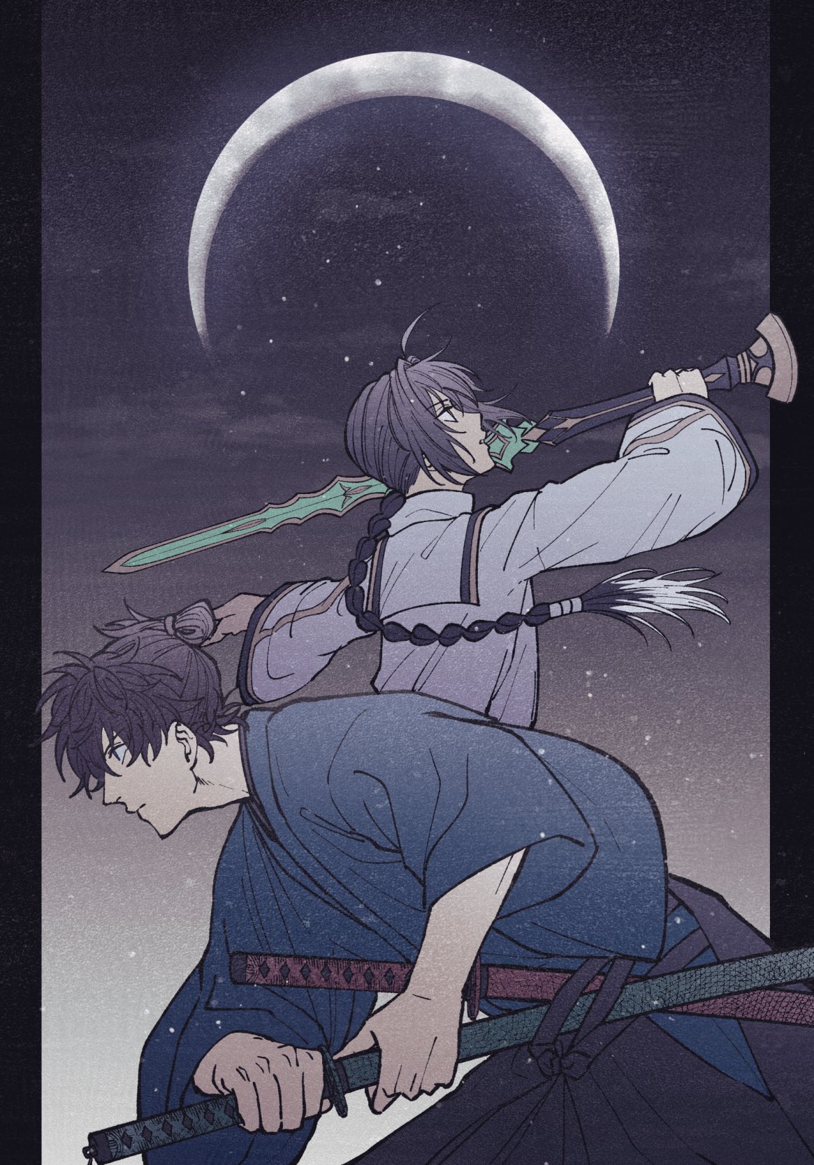 1boy, 1other, ahoge, androgynous, black_hair, black_hakama, blue_kimono, braid