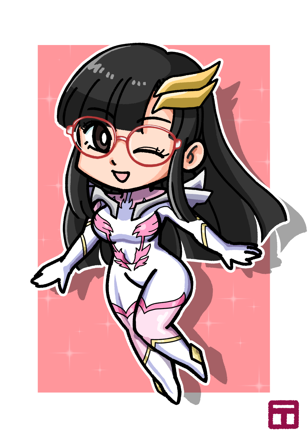 1girl, animification, black_eyes, black_hair, bodysuit, breasts, bright_pupils, chibi