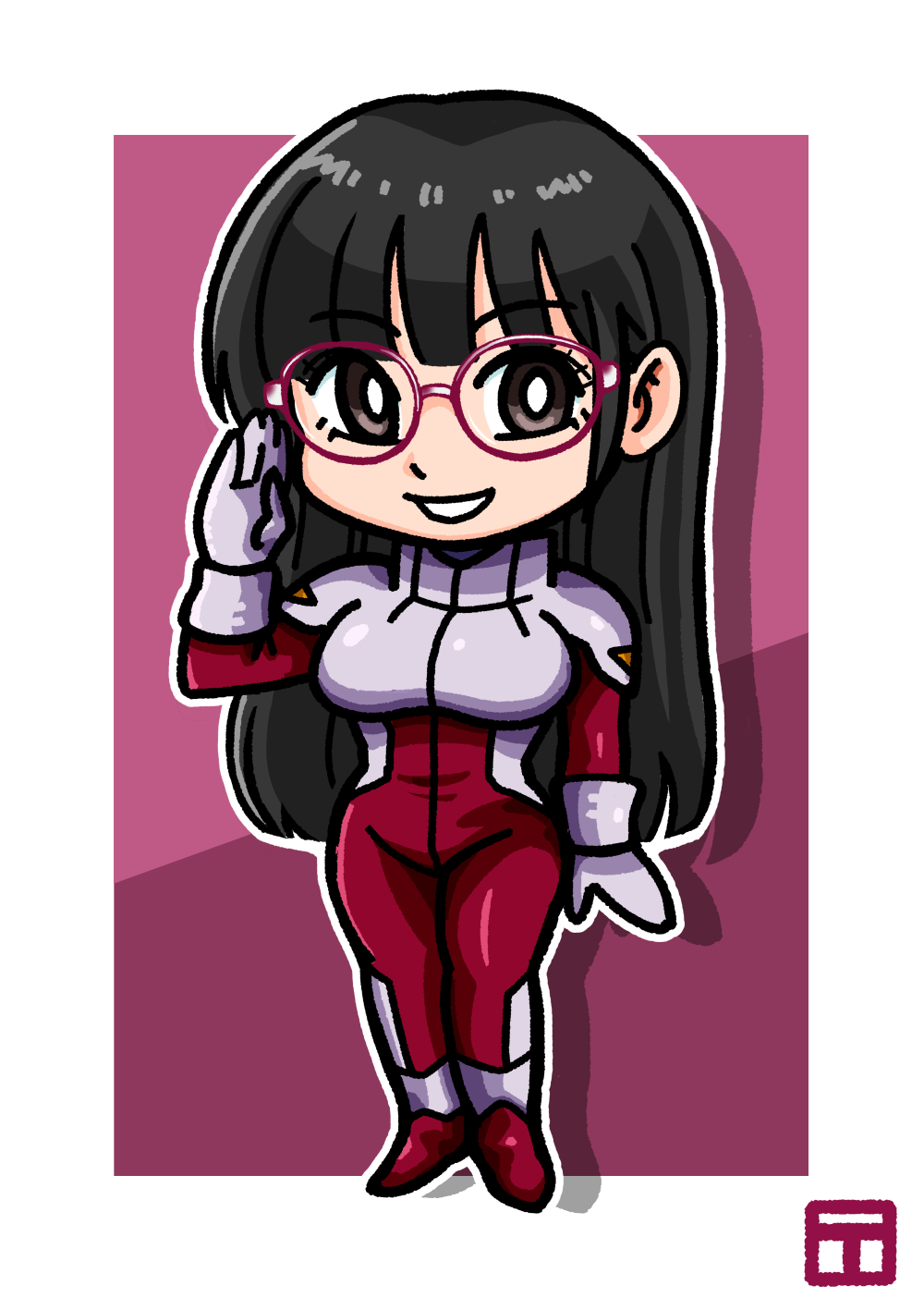 1girl, animification, black_hair, bodysuit, border, breasts, bright_pupils, chibi, cosplay, glasses, gloves, grey_gloves, gundam, gundam_seed, gundam_seed_destiny, hair_behind_ear, highres, long_hair, lunamaria_hawke, lunamaria_hawke_(cosplay), medium_breasts, normal_suit, pilot_suit, purple_background, real_life, red_bodysuit, salute, shadow, shinonome_umi, smile, solo, tomo_shimomu, very_long_hair, white_border, white_pupils