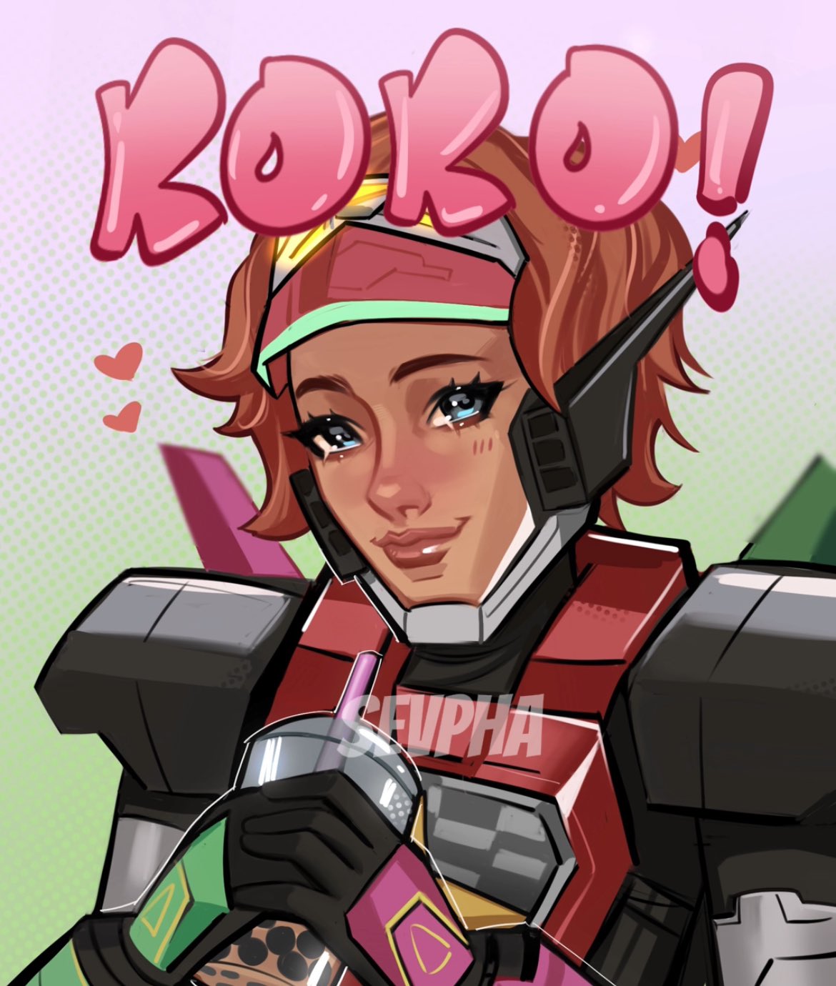 1girl, animification, apex_legends, armor, black_gloves, brown_hair, bubble_tea, commission