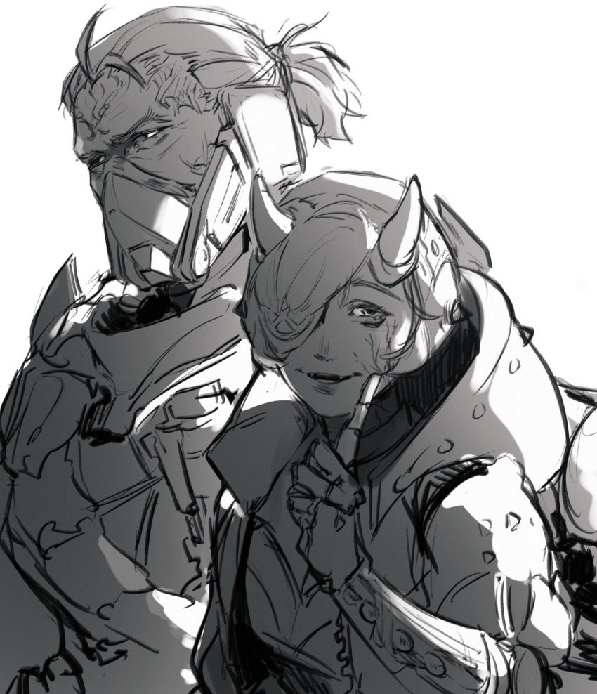 1boy, 1girl, animification, apex_contagion_caustic, apex_legends, bohe-menthe, breasts, caustic_(apex_legends), chinese_commentary, cyber_punked_wattson, eyepatch, finger_to_cheek, gas_mask, greyscale, highres, hood, hood_down, horns, jacket, looking_at_viewer, mask, mechanical_arms, medium_breasts, monochrome, official_alternate_costume, one_eye_covered, ponytail, scar, scar_on_cheek, scar_on_face, scar_on_forehead, sketch, smile, wattson_(apex_legends), white_background