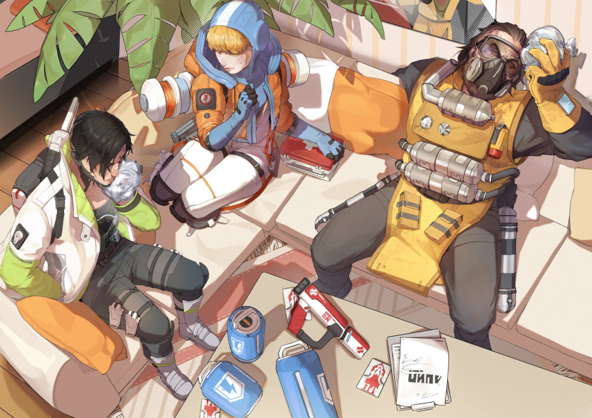 1girl, 2boys, apex_legends, battery, beard, black_hair, black_pants, black_shirt