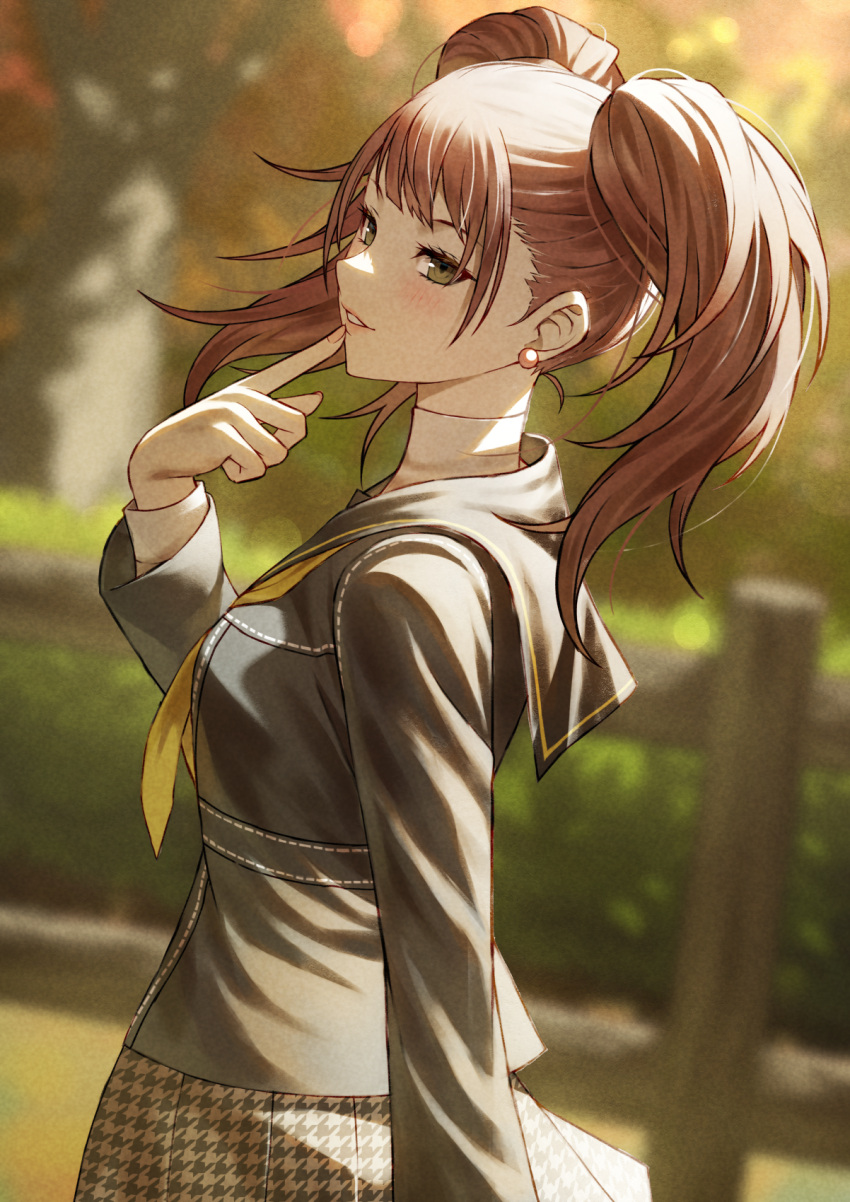 1girl, ascot, black_sailor_collar, blush, brown_hair, earrings, fagi_(kakikaki), finger_to_mouth, heart, heart-shaped_pupils, highres, jewelry, kujikawa_rise, neckerchief, outdoors, persona, persona_4, pleated_skirt, sailor_collar, school_uniform, skirt, solo, standing, symbol-shaped_pupils, twintails, yasogami_school_uniform, yellow_ascot, yellow_eyes, yellow_neckerchief