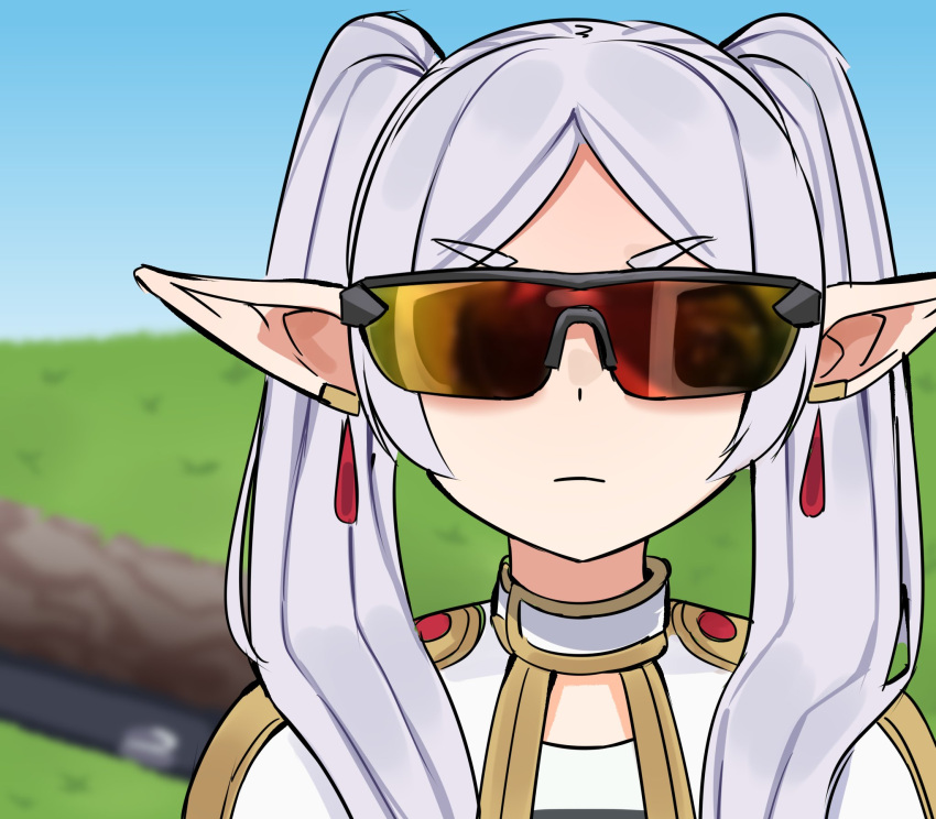 blue_sky, capelet, clear_sky, commentary, dangle_earrings, earrings, elf, english_commentary, field, frieren, frown, gold_trim, grass, hair_over_shoulder, highres, jewelry, looking_at_viewer, outdoors, parted_bangs, peps_art, photo-referenced, pointy_ears, portrait, sky, sousou_no_frieren, sunglasses, twintails, v-shaped_eyebrows, white_capelet, white_hair