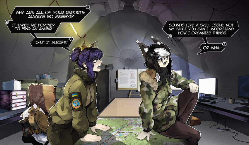 2girls, animal_ears, annoyed, bird, black_hair, book, book_stack, box