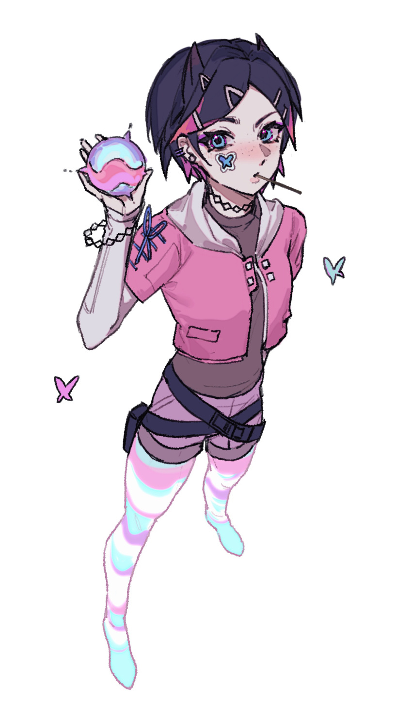 1other, adou_(mutato), animification, black_choker, black_hair, blue_eyes, blush, bracelet, brown_shirt, bug, butterfly, chinese_commentary, choker, clove_(valorant), colored_tips, freckles, from_above, hair_horns, highres, hood, hood_down, hooded_jacket, jacket, jewelry, looking_up, multicolored_hair, multicolored_pantyhose, orb, pink_hair, pink_jacket, pouch, purple_shorts, shirt, shorts, sticker_on_face, valorant, white_background