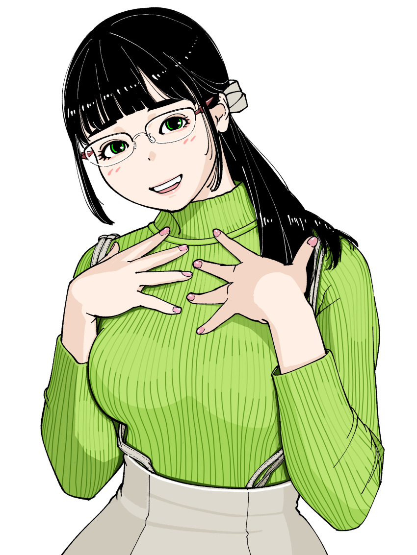 1girl, animification, black_hair, blush, breasts, glasses, green_eyes, green_sweater