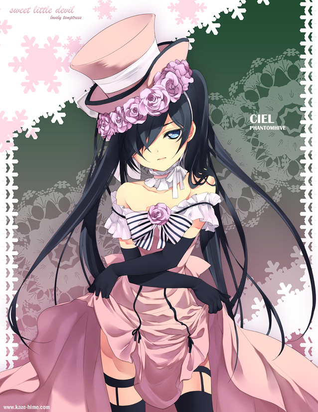 black_gloves, black_hair, blue_eyes, boots, ciel_phantomhive, dress, dress_lift, elbow_gloves
