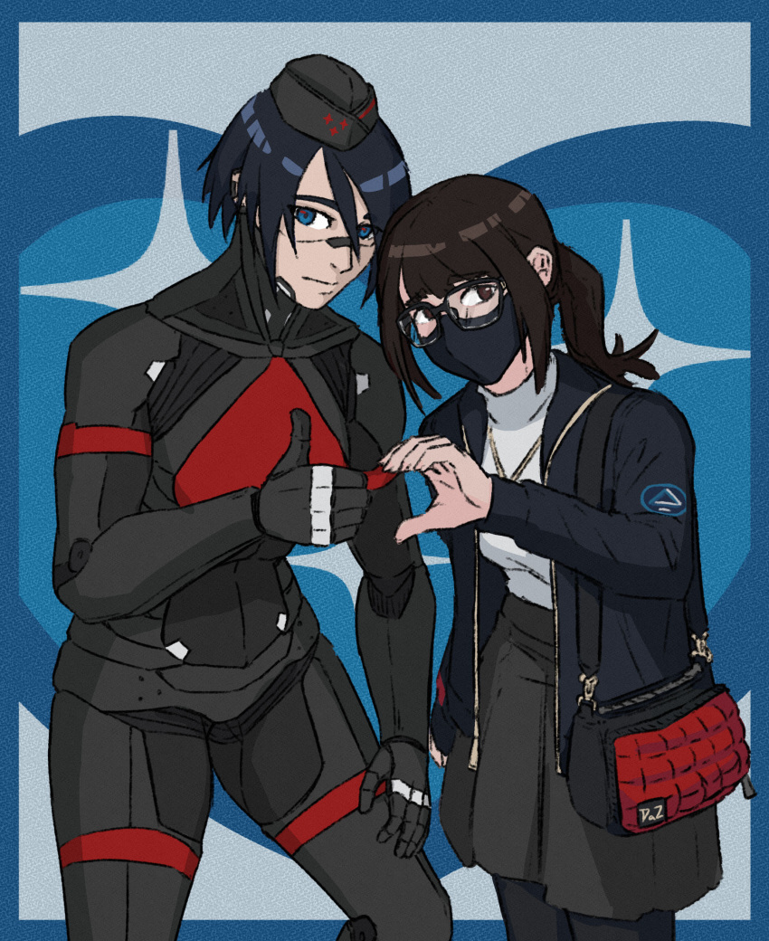 2girls, android, bag, black_hair, blue_eyes, brown_hair, cyberpunk, dazuhira, elster_(signalis), hat, highres, joints, mechanical_parts, meme, metal_skin, multiple_girls, penrose_triangle, ponytail, robot_girl, robot_joints, science_fiction, signalis, thumbs_up