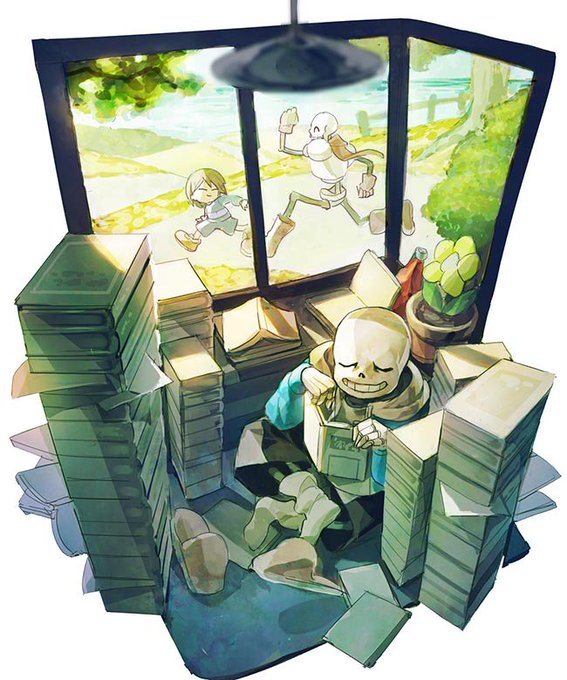 1other, 2boys, ^_^, androgynous, blue_jacket, book, book_stack, bottle, bush, child, closed_eyes, day, dosei, flower, flowey_(undertale), frisk_(undertale), from_above, grin, holding, holding_book, hood, hood_down, hooded_jacket, indian_style, indoors, jacket, male_focus, multiple_boys, on_floor, papyrus_(undertale), running, sans_(undertale), sitting, skeleton, slippers, smile, socks, undertale, unworn_slippers, white_background, white_socks, window, yellow_flower