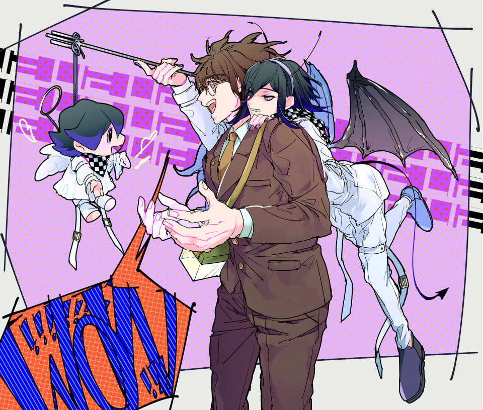 2boys, angel_wings, arm_belt, belt, belt_buckle, black_hair, black_scarf, black_wings
