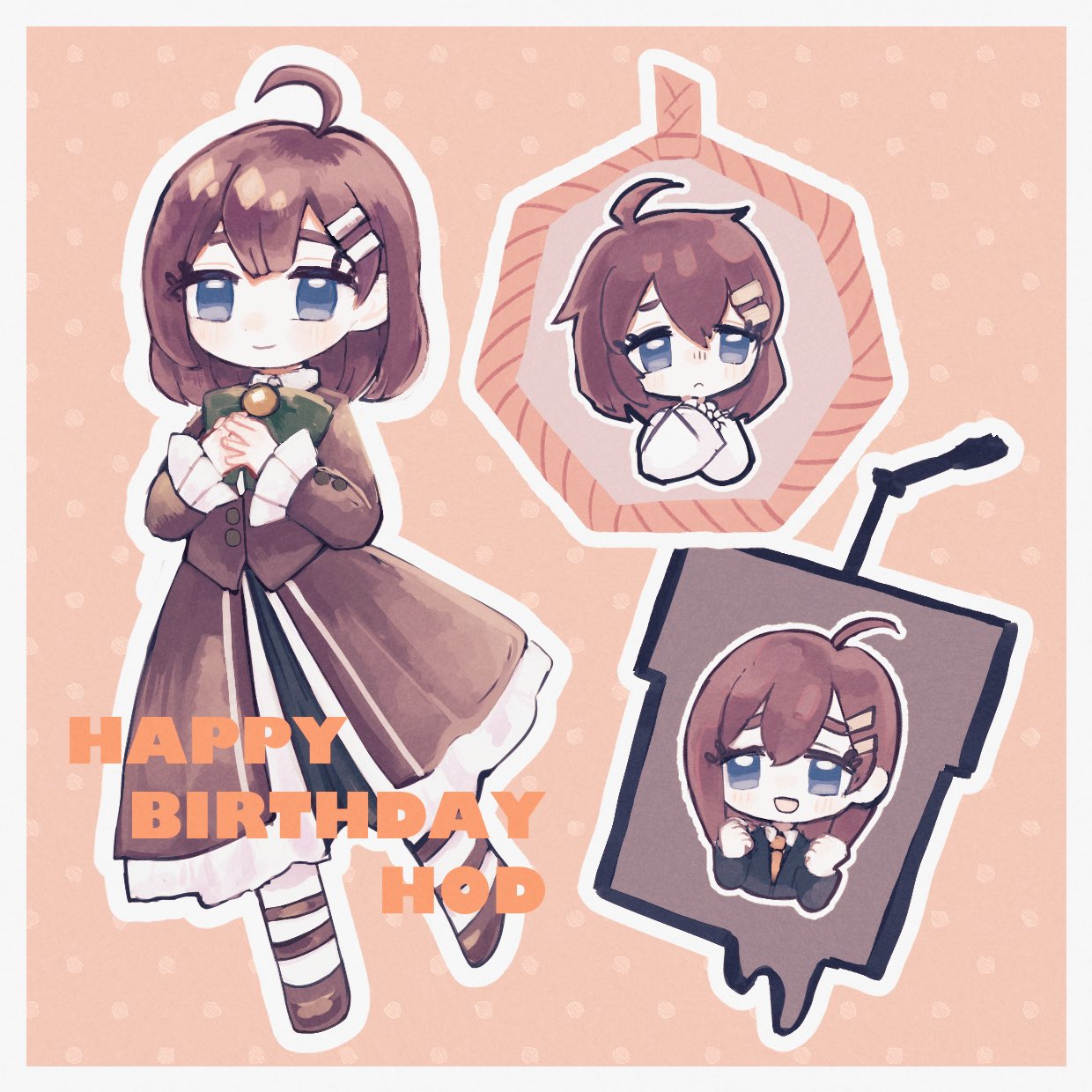2girls, ahoge, blue_eyes, bow, bowtie, brown_coat, brown_dress, brown_footwear