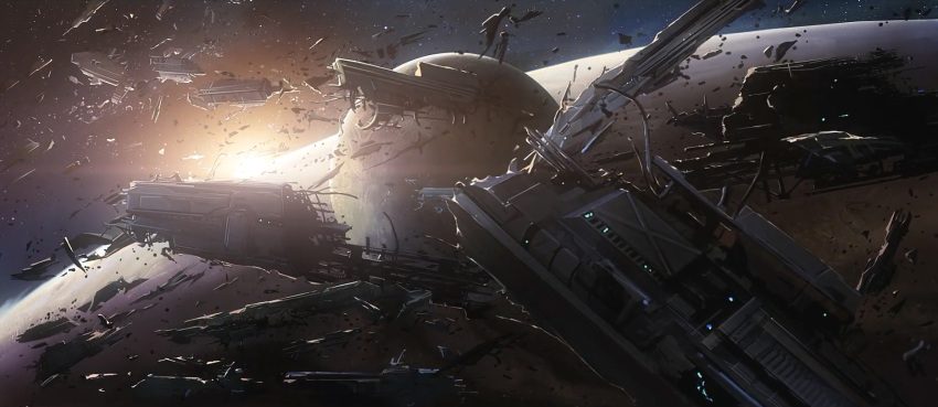 after_battle, chinese_commentary, commentary_request, debris, destroyed, highres, in_orbit, no_humans, planet, remembrance_of_earth's_past, scenery, science_fiction, sky, space, spacecraft, spoilers, star_(sky), starry_sky, sunlight, wreckage, zhizi_proton