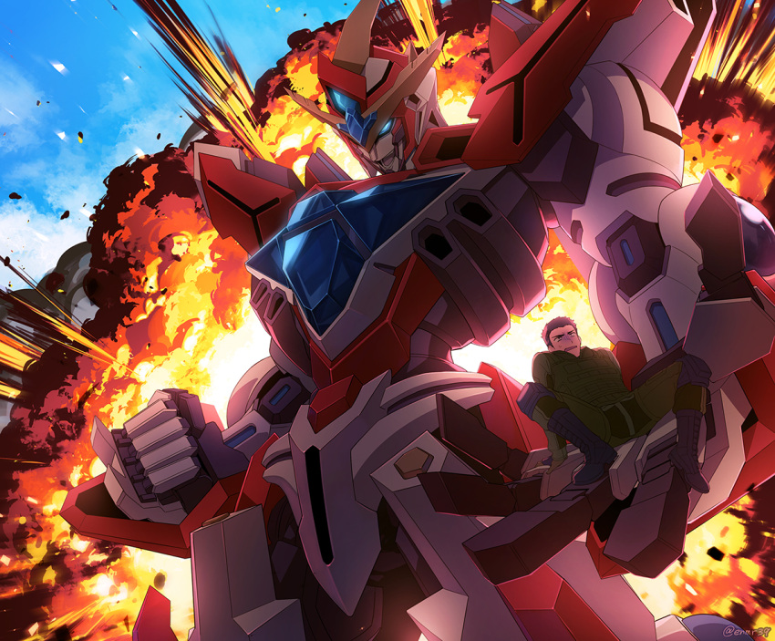 1boy, ao_isami, black_hair, blue_sky, boots, bravern, clenched_hand, enomaru_saku
