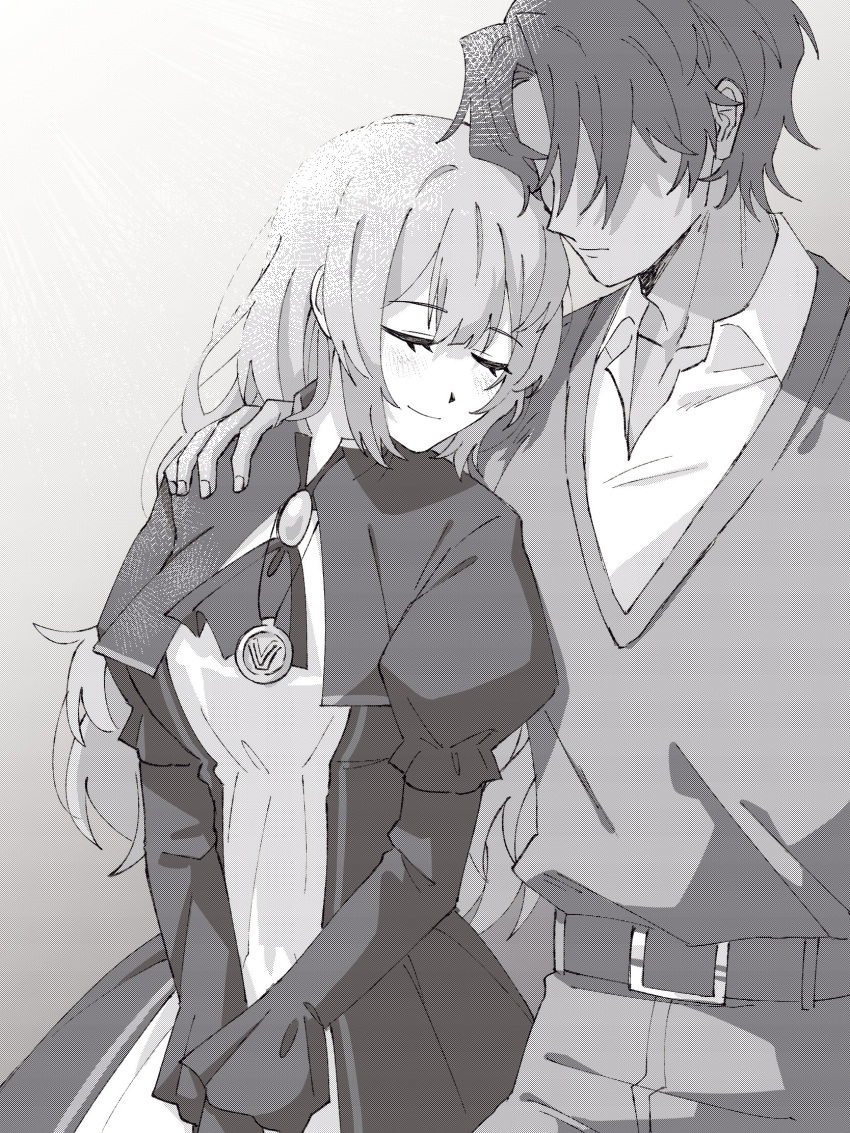 1boy, 1girl, brooch, catherine_(project_moon), closed_eyes, closed_mouth, collared_shirt, dress