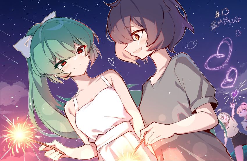 4girls, ahoge, araga_kiwi, black_hair, blonde_hair, blue_eyes, bow, clouds