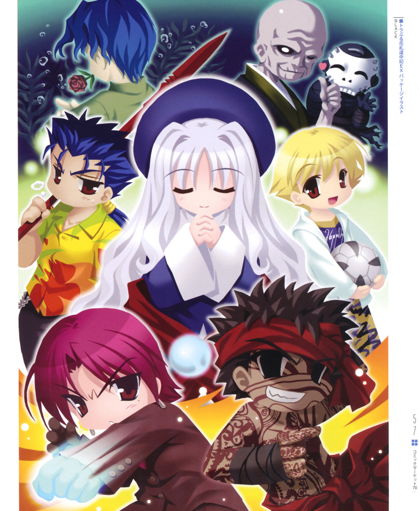 avenger, bazett_fraga_mcremitz, black_(artist), black_hair, blonde_hair, blue_hair, caren_ortensia, chibi