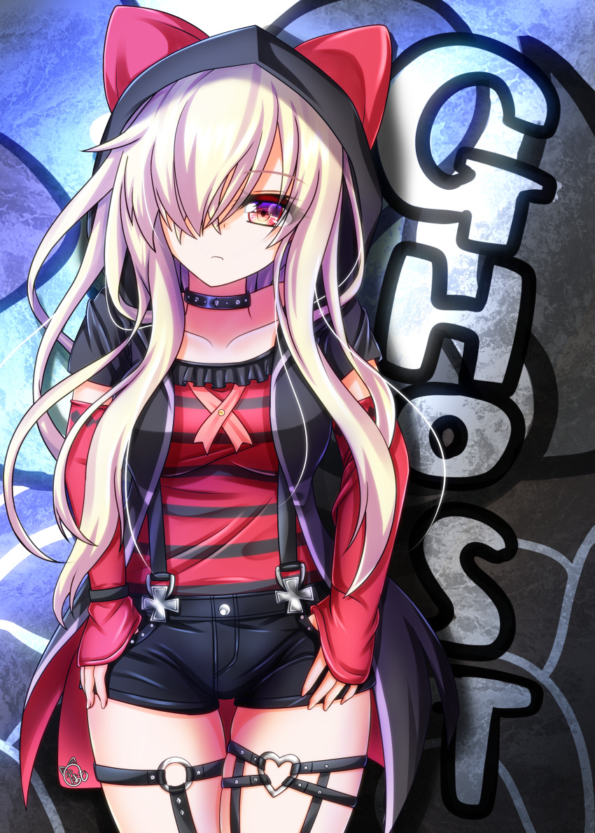 1girl, 9-nine-, absurdres, against_wall, animal_ear_hood, animal_ears, black_jacket, black_shorts