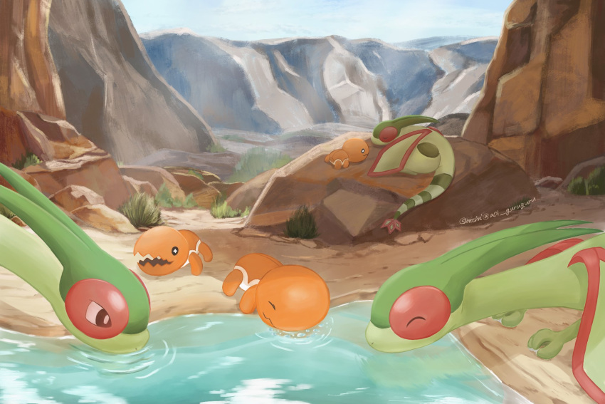 animal_focus, canyon, colored_skin, commentary_request, drinking, evolutionary_line, fangs, flygon