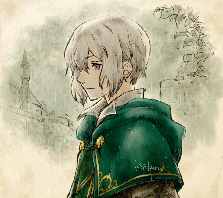 1boy, artist_name, day, grey_hair, hair_over_one_eye, hood, hood_down, male_focus
