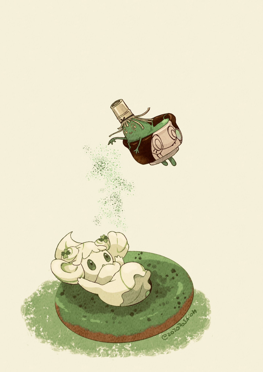 alcremie, alcremie_(matcha_cream), artist_name, commentary_request, doughnut, floating, food, green_eyes