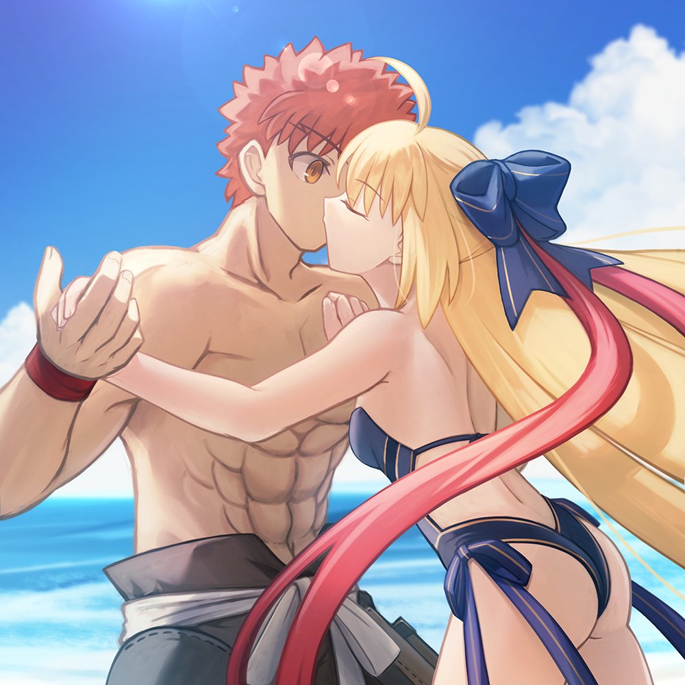 1boy, 1girl, abs, artoria_caster_(fate), artoria_caster_(swimsuit)_(fate), artoria_caster_(swimsuit)_(third_ascension)_(fate), artoria_pendragon_(fate), ass, beach, emiya_shirou, fate/grand_order, fate_(series), holding_hands, kiss, ribbon, senji_muramasa_(fate), shoori_(migiha), swimsuit