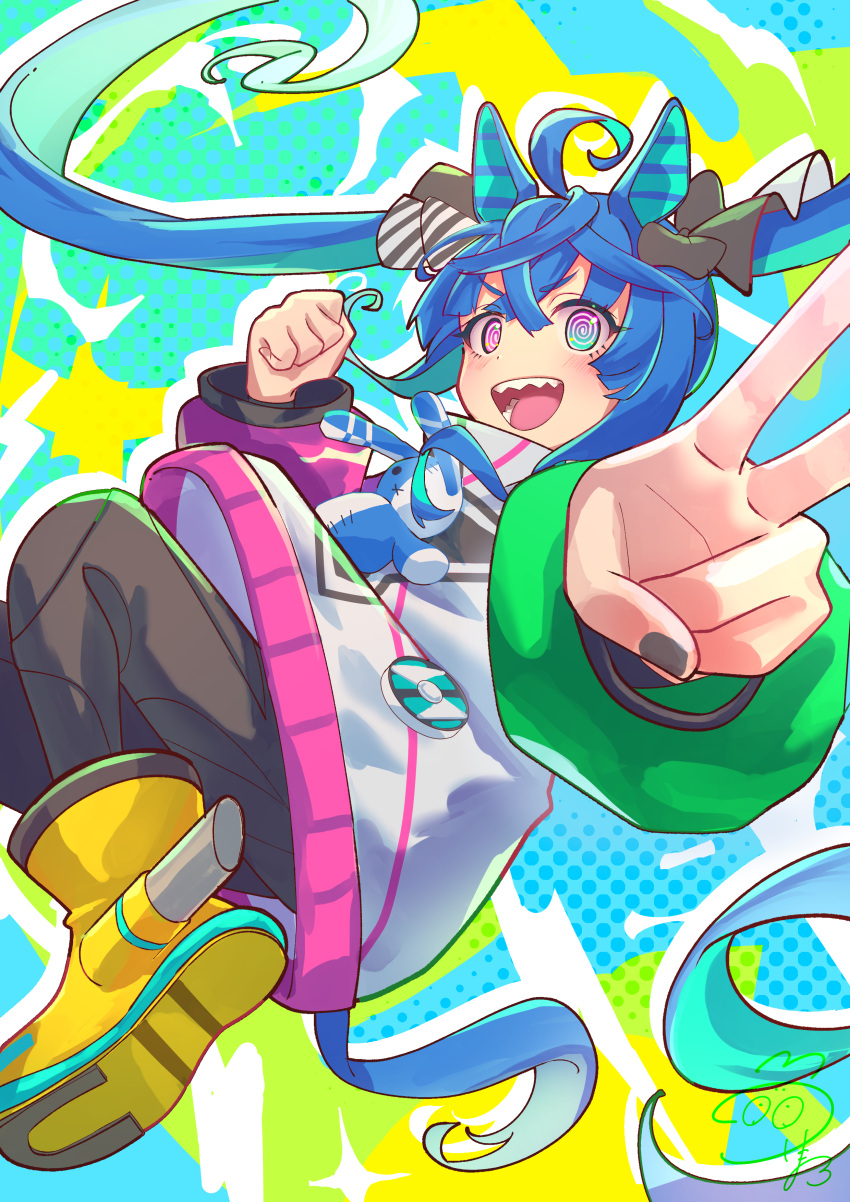 114_usamaro, 1girl, @_@, absurdres, ahoge, animal_ears, aqua_hair, black_nails