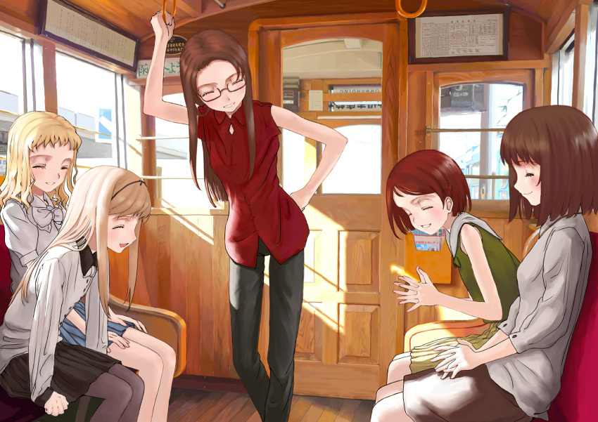 asahina_kyouko, blonde_hair, brown_hair, casual, closed_eyes, glasses, hair_ornament, hairclip