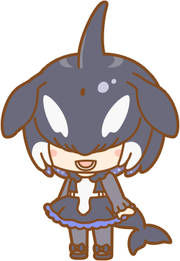 :d, black_hair, chibi, hair_covering_eyes, orca_(kemono_friends), tail