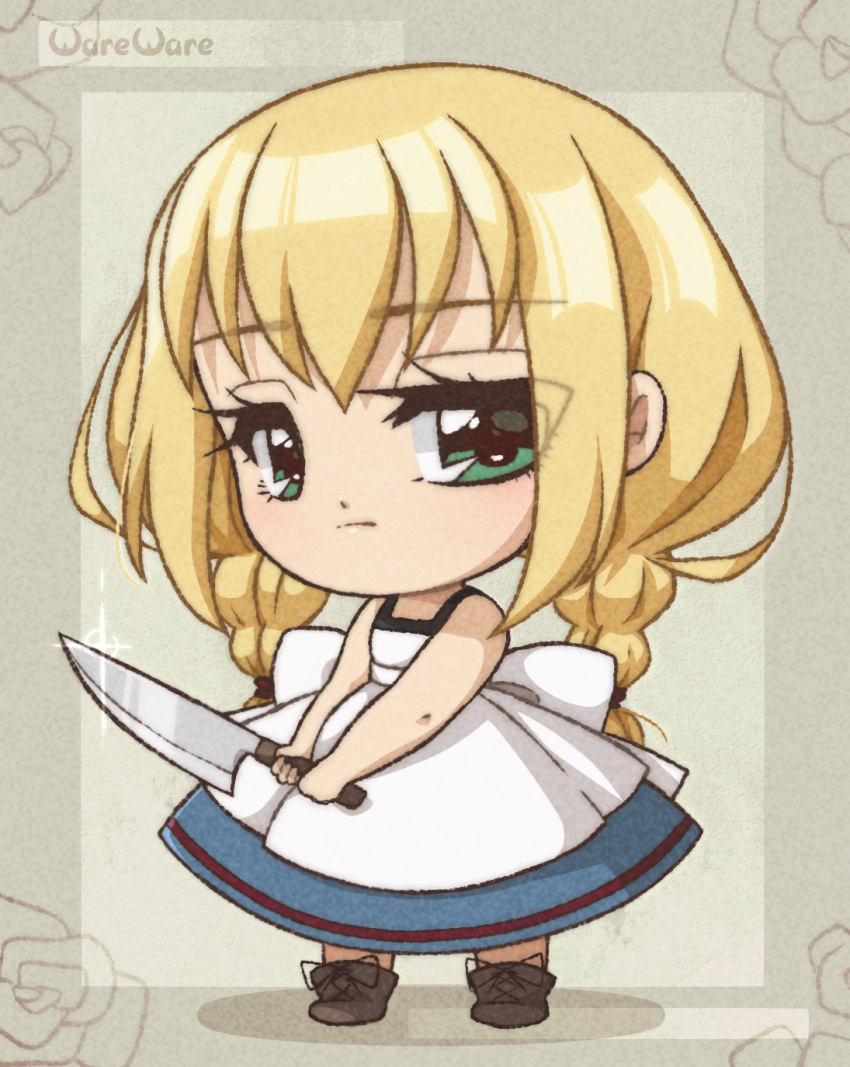 blonde_hair, blue_and_white_dress, braids, chibi, dress, dual_braid, green_eyes, holding_knife, rpgmaker, signature, simple_background, videogame