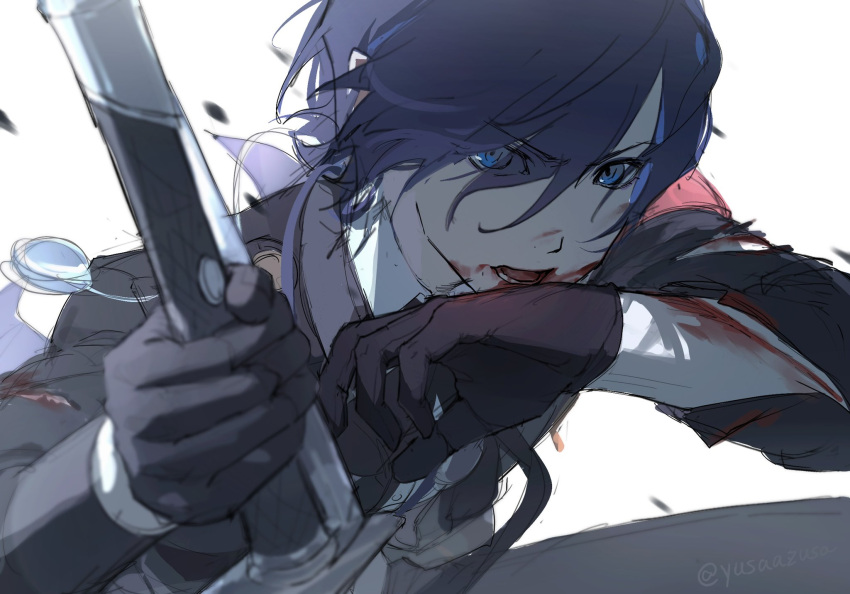 1boy, armband, black_gloves, black_jacket, black_ribbon, blood, blood_on_arm, blood_on_face, blood_on_mouth, blue_eyes, blue_hair, collared_shirt, commentary_request, gloves, hair_between_eyes, highres, holding, holding_sword, holding_weapon, jacket, long_sleeves, male_focus, neck_ribbon, open_mouth, persona, persona_3, persona_3_reload, red_armband, ribbon, shirt, short_hair, simple_background, solo, sword, upper_body, weapon, white_background, white_shirt, yusaazusa, yuuki_makoto_(persona_3)